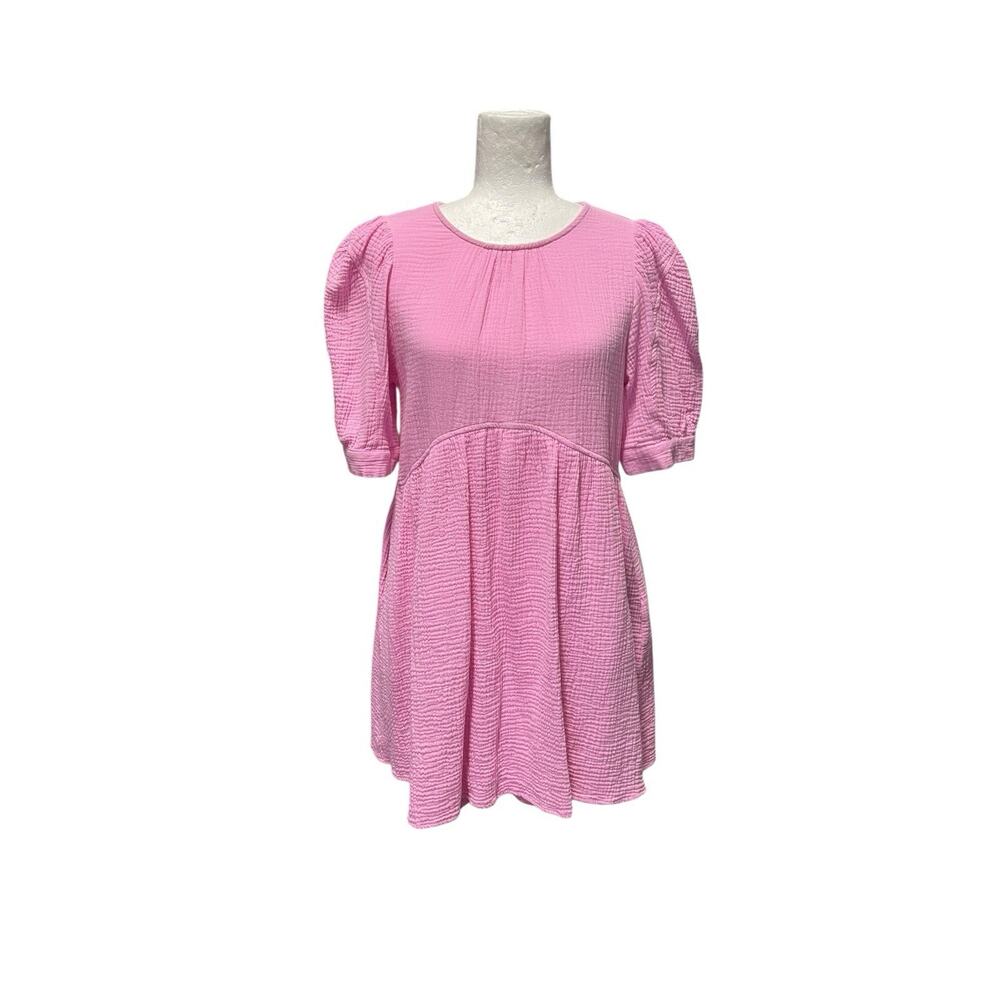 &Merci Pink Puff Sleeve Mini Dress Cotton Blend Babydoll Size Medium - Picture 2 of 5